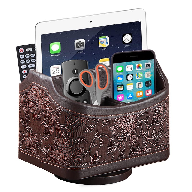Arniche PU Leather Remote Control Organizer with 360Â° Spinning Design,Desk Organizer for TV Remote,Phone,Pen,Glasse,Mail,Tablet,Calculator,Controller-Home & Office Storage Caddy (Antique Brown) ï»¿ - Image 1